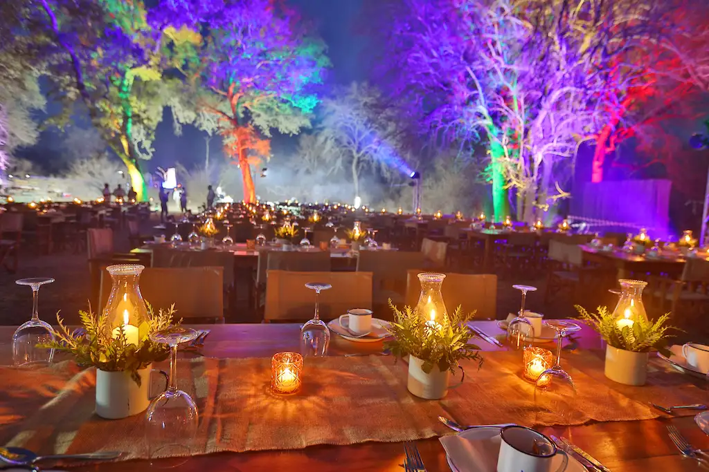 An elegant outdoor gala dinner at night, with long wooden tables set under trees that are dramatically lit with purple, blue, and green lights. The tables are decorated with glowing lanterns and greenery.